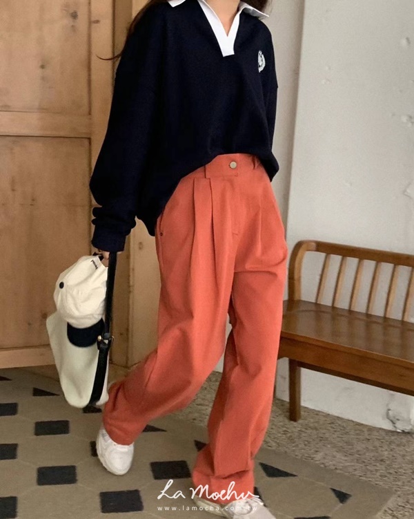 秋色銅釦抓褶直筒褲